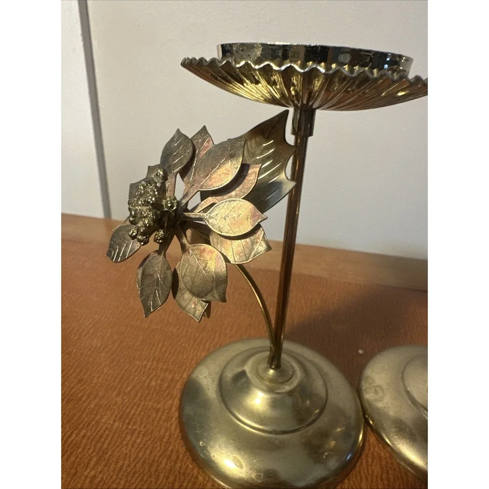 Set Of 2 Vintage Brass‎ Floral Leaf Candle Stick Holders 5